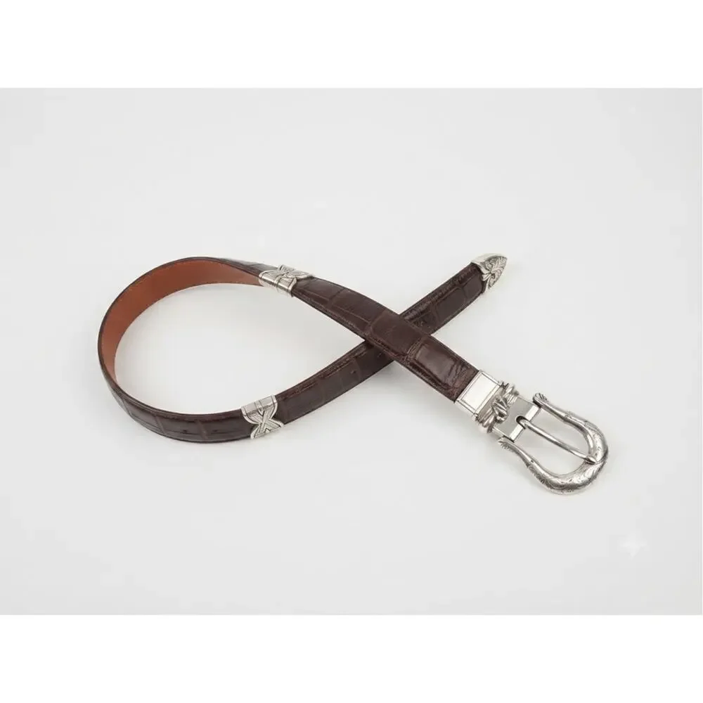 Vintage 90s Brighton XL 36 Brown Leather Flip Belt Minimalist Silver Croc